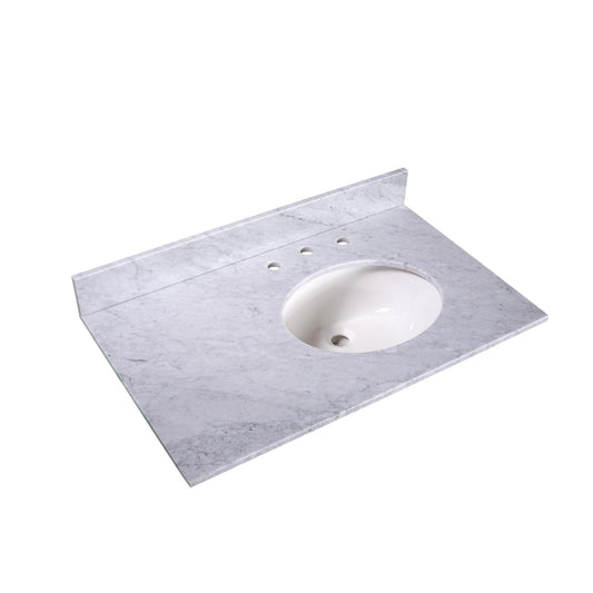 Silkroad Exclusive 36" x 22" White Carrara Marble Vanity Top With White Single Oval Undermount Right Sink and 4" Backsplash - T36R03