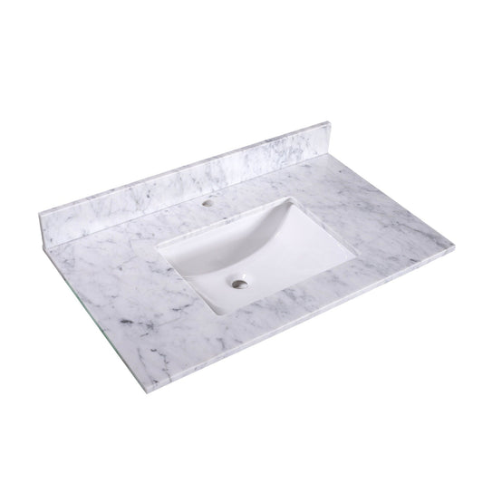 Silkroad Exclusive 36" x 22" White Carrara Marble Vanity Top With White Single Rectangular Undermount Sink and 4" Backsplash - T36C04