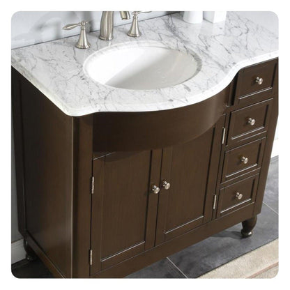 Silkroad Exclusive 38" Single Left Sink Dark Walnut Bathroom Vanity With Carrara White Marble Countertop and White Ceramic Undermount Sink - HYP-0902-WM-UWC-38-L