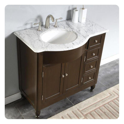 Silkroad Exclusive 38" Single Left Sink Dark Walnut Bathroom Vanity With Carrara White Marble Countertop and White Ceramic Undermount Sink - HYP-0902-WM-UWC-38-L