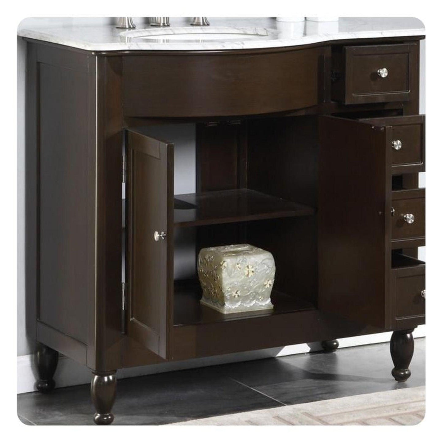 Silkroad Exclusive 38" Single Left Sink Dark Walnut Bathroom Vanity With Carrara White Marble Countertop and White Ceramic Undermount Sink - HYP-0902-WM-UWC-38-L