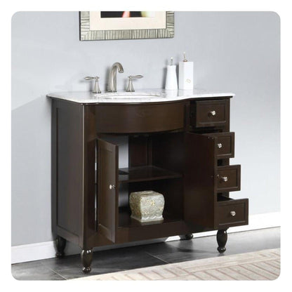 Silkroad Exclusive 38" Single Left Sink Dark Walnut Bathroom Vanity With Carrara White Marble Countertop and White Ceramic Undermount Sink - HYP-0902-WM-UWC-38-L
