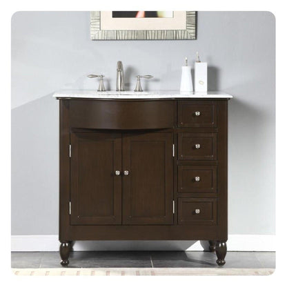 Silkroad Exclusive 38" Single Left Sink Dark Walnut Bathroom Vanity With Carrara White Marble Countertop and White Ceramic Undermount Sink - HYP-0902-WM-UWC-38-L