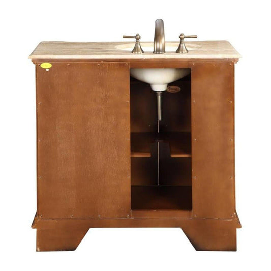 Silkroad Exclusive 38" Single Left Sink Walnut Bathroom Vanity With Travertine Countertop and Ivory Ceramic Undermount Sink - HYP-0904-T-UIC-38-L