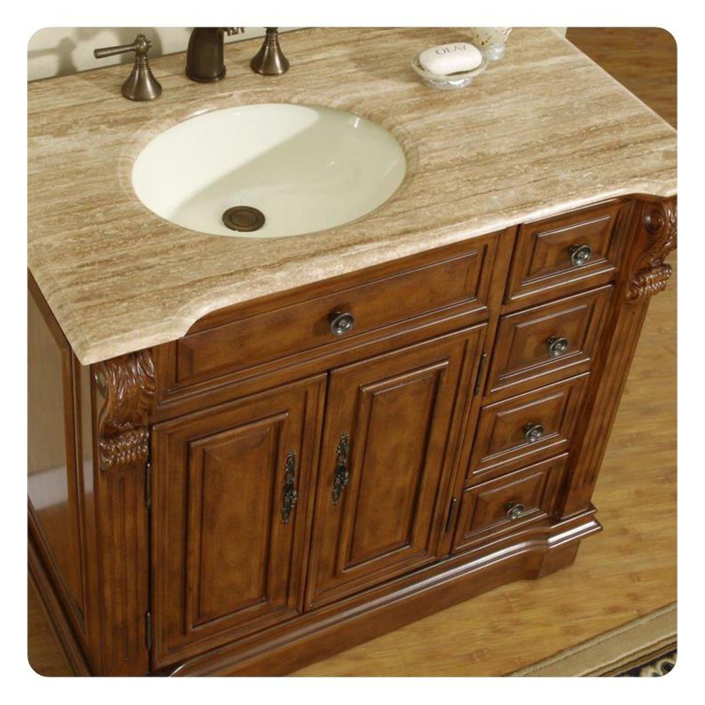 Silkroad Exclusive 38" Single Left Sink Walnut Bathroom Vanity With Travertine Countertop and Ivory Ceramic Undermount Sink - HYP-0904-T-UIC-38-L