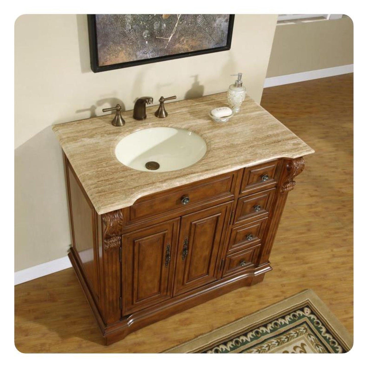 Silkroad Exclusive 38" Single Left Sink Walnut Bathroom Vanity With Travertine Countertop and Ivory Ceramic Undermount Sink - HYP-0904-T-UIC-38-L