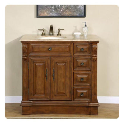 Silkroad Exclusive 38" Single Left Sink Walnut Bathroom Vanity With Travertine Countertop and Ivory Ceramic Undermount Sink - HYP-0904-T-UIC-38-L