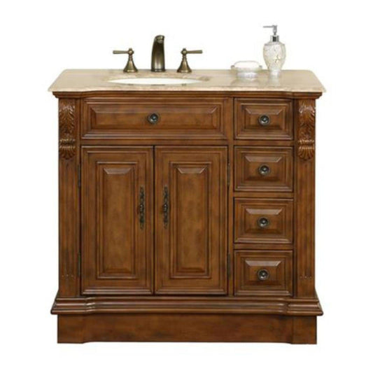 Silkroad Exclusive 38" Single Left Sink Walnut Bathroom Vanity With Travertine Countertop and Ivory Ceramic Undermount Sink - HYP-0904-T-UIC-38-L