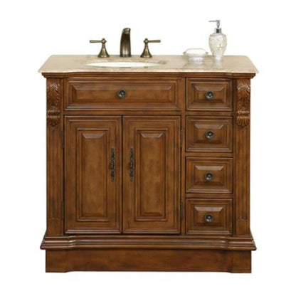 Silkroad Exclusive 38" Single Left Sink Walnut Bathroom Vanity With Travertine Countertop and Ivory Ceramic Undermount Sink - HYP-0904-T-UIC-38-L