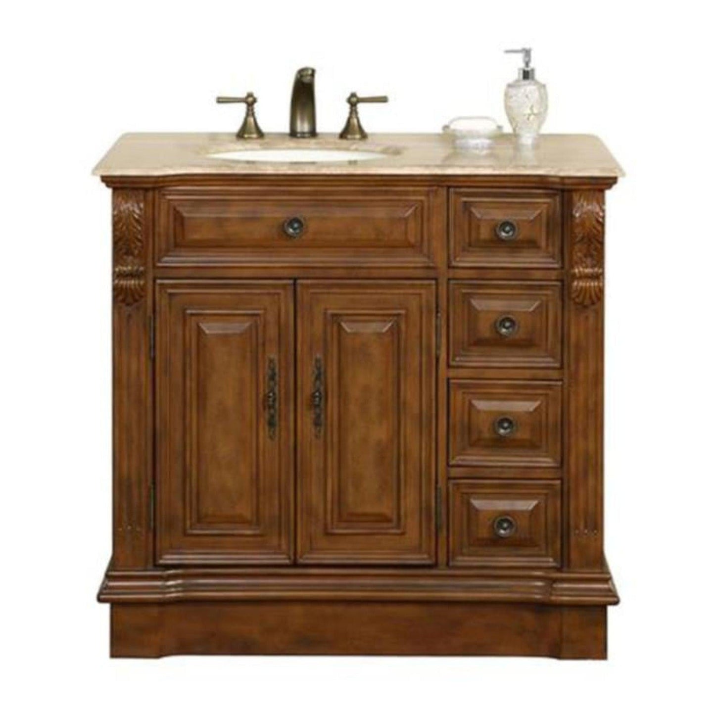 Silkroad Exclusive 38" Single Left Sink Walnut Bathroom Vanity With Travertine Countertop and Ivory Ceramic Undermount Sink - HYP-0904-T-UIC-38-L