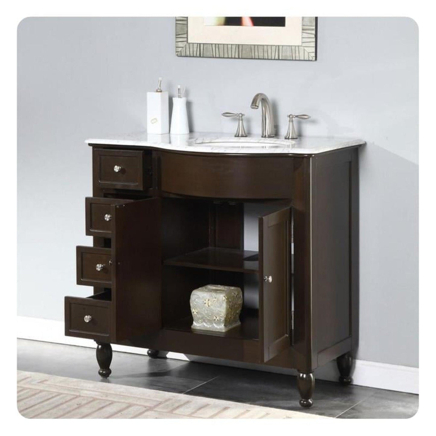 Silkroad 38" Right Sink Dark Walnut Vanity, Carrara Top, White Undermount – HYP-0902-WM-UWC-38-R