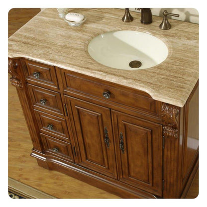 Silkroad Exclusive 38" Single Right Sink Walnut Bathroom Vanity With Travertine Countertop and Ivory Ceramic Undermount Sink - HYP-0904-T-UIC-38-R