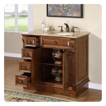 Silkroad Exclusive 38" Single Right Sink Walnut Bathroom Vanity With Travertine Countertop and Ivory Ceramic Undermount Sink - HYP-0904-T-UIC-38-R
