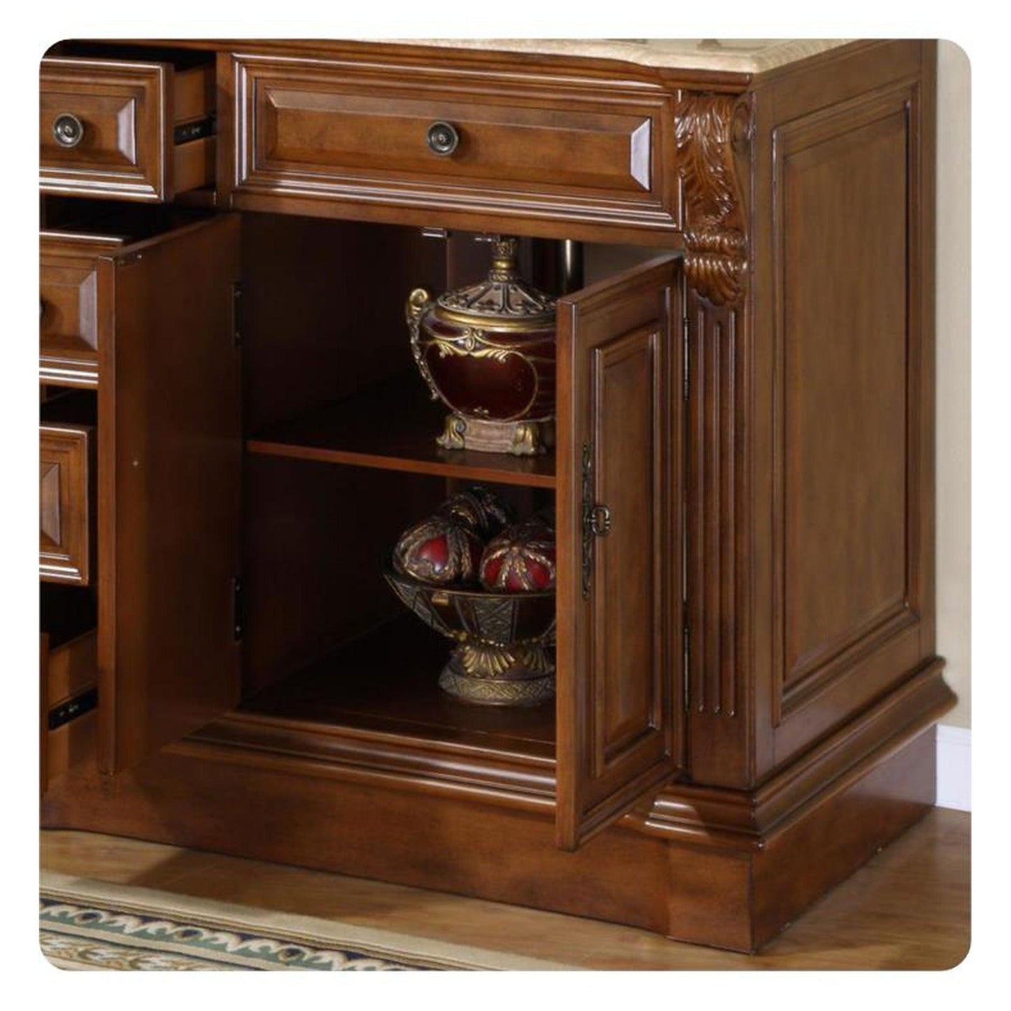 Silkroad Exclusive 38" Single Right Sink Walnut Bathroom Vanity With Travertine Countertop and Ivory Ceramic Undermount Sink - HYP-0904-T-UIC-38-R