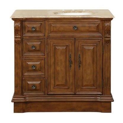 Silkroad Exclusive 38" Single Right Sink Walnut Bathroom Vanity With Travertine Countertop and Ivory Ceramic Undermount Sink - HYP-0904-T-UIC-38-R