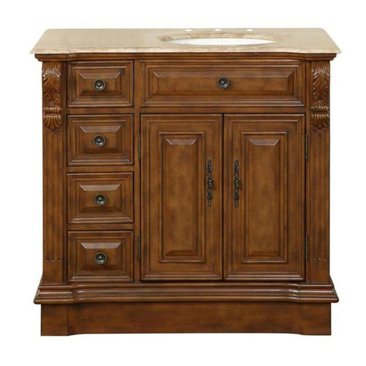 Silkroad Exclusive 38" Single Right Sink Walnut Bathroom Vanity With Travertine Countertop and Ivory Ceramic Undermount Sink - HYP-0904-T-UIC-38-R