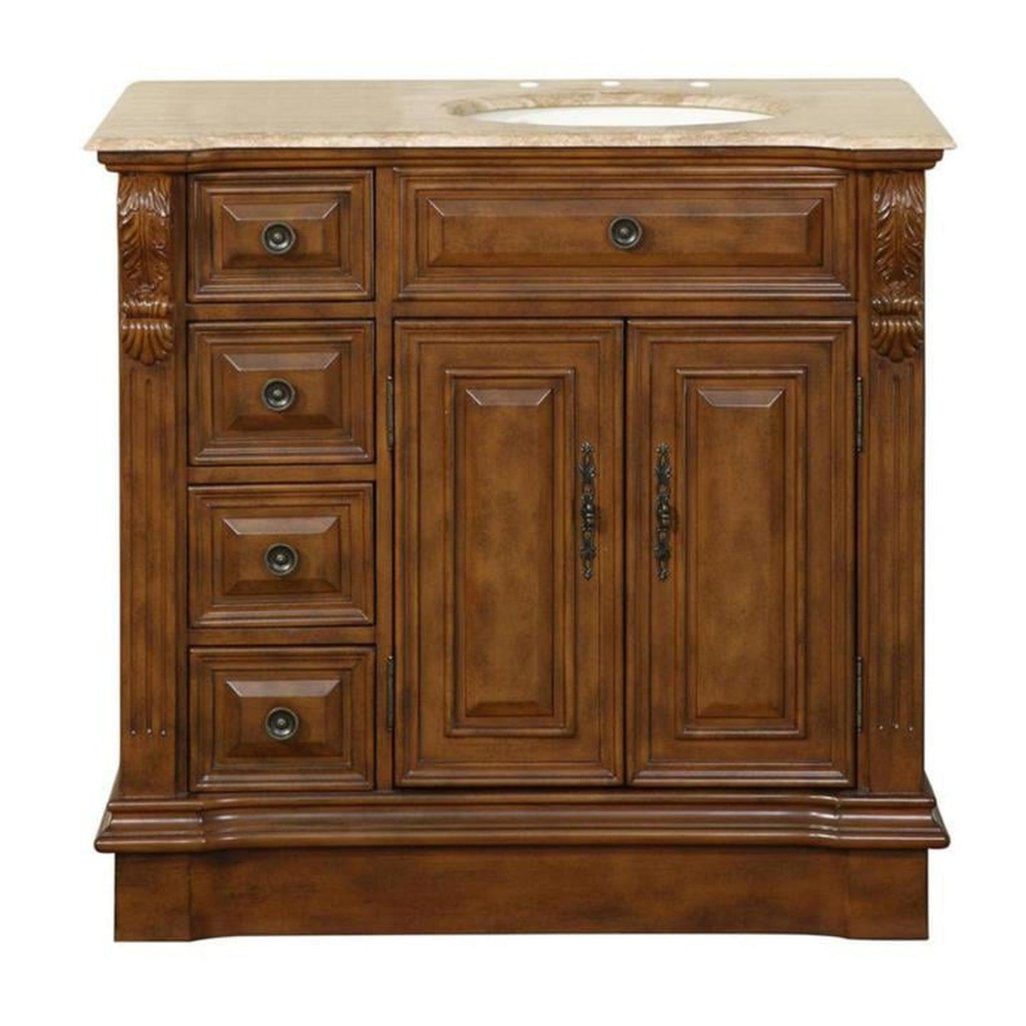 Silkroad Exclusive 38" Single Right Sink Walnut Bathroom Vanity With Travertine Countertop and Ivory Ceramic Undermount Sink - HYP-0904-T-UIC-38-R