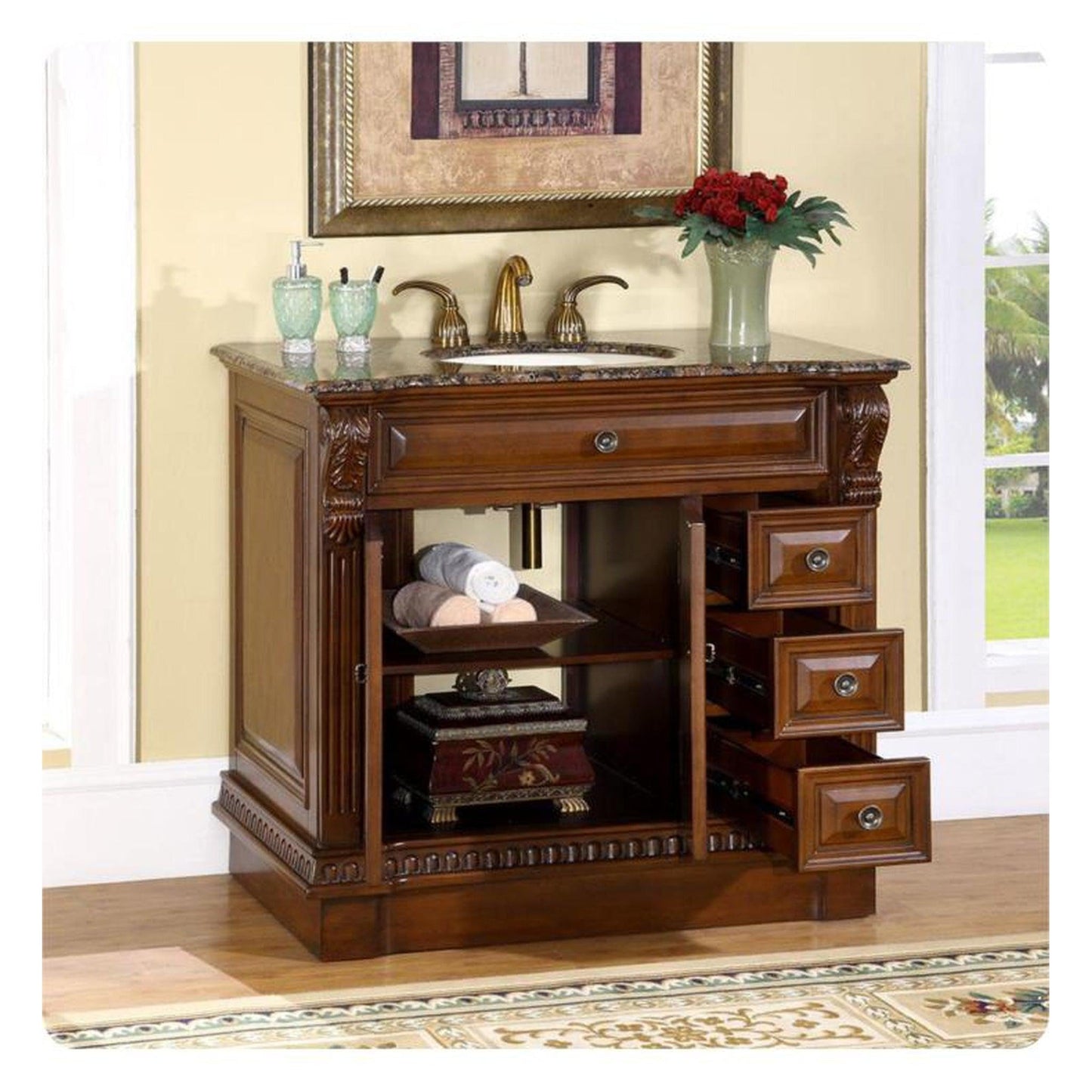 Silkroad Exclusive 38" Single Sink English Chestnut Bathroom Vanity With Baltic Brown Granite Countertop and Ivory Ceramic Undermount Sink - HYP-0211-BB-UIC-38 -