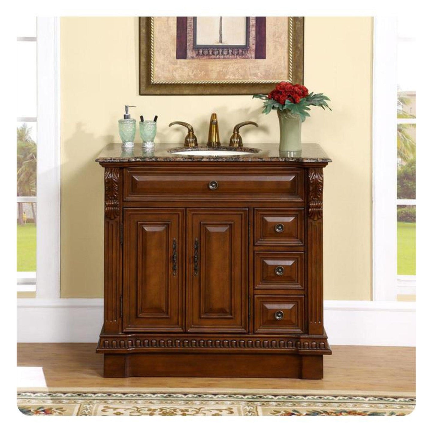 Silkroad Exclusive 38" Single Sink English Chestnut Bathroom Vanity With Baltic Brown Granite Countertop and Ivory Ceramic Undermount Sink - HYP-0211-BB-UIC-38 -