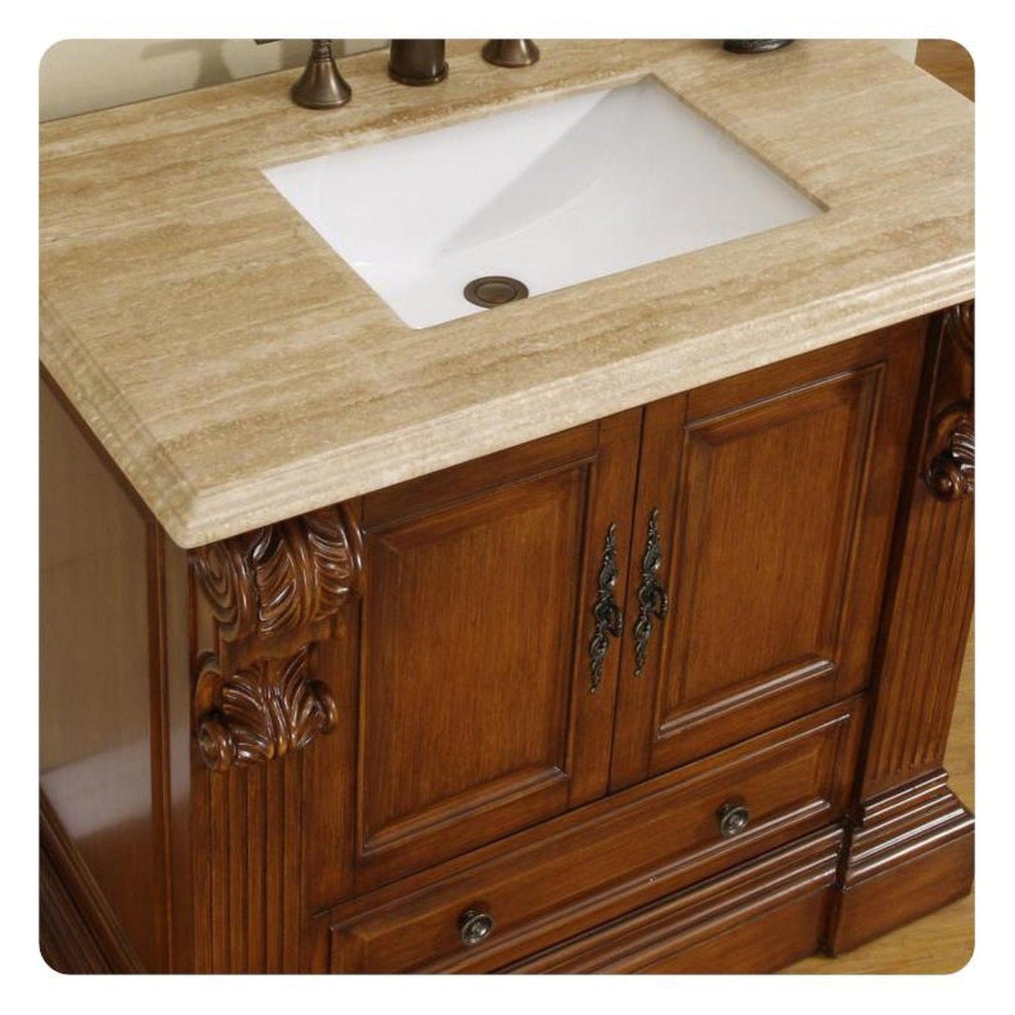Silkroad Exclusive 39" Single Sink Cherry Bathroom Vanity With Travertine Countertop and White Ceramic Undermount Sink - HYP-0907-T-UWC-38