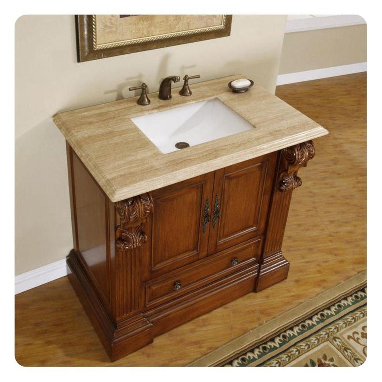 Silkroad Exclusive 39" Single Sink Cherry Bathroom Vanity With Travertine Countertop and White Ceramic Undermount Sink - HYP-0907-T-UWC-38