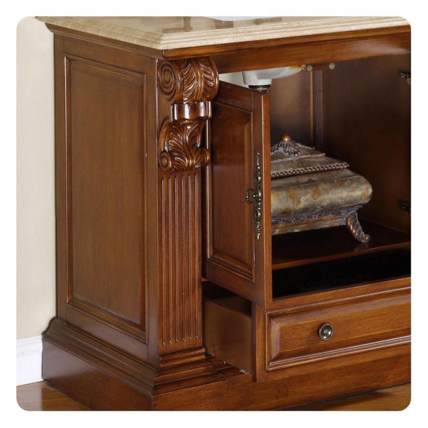 Silkroad Exclusive 39" Single Sink Cherry Bathroom Vanity With Travertine Countertop and White Ceramic Undermount Sink - HYP-0907-T-UWC-38