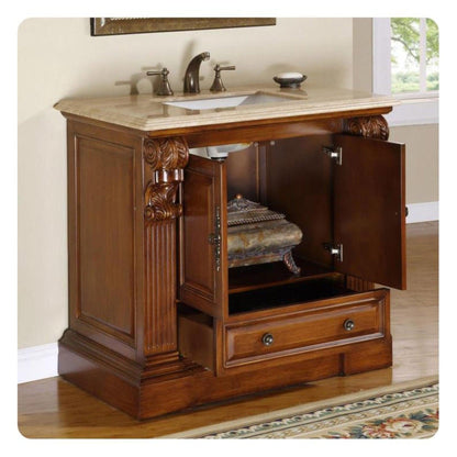 Silkroad Exclusive 39" Single Sink Cherry Bathroom Vanity With Travertine Countertop and White Ceramic Undermount Sink - HYP-0907-T-UWC-38