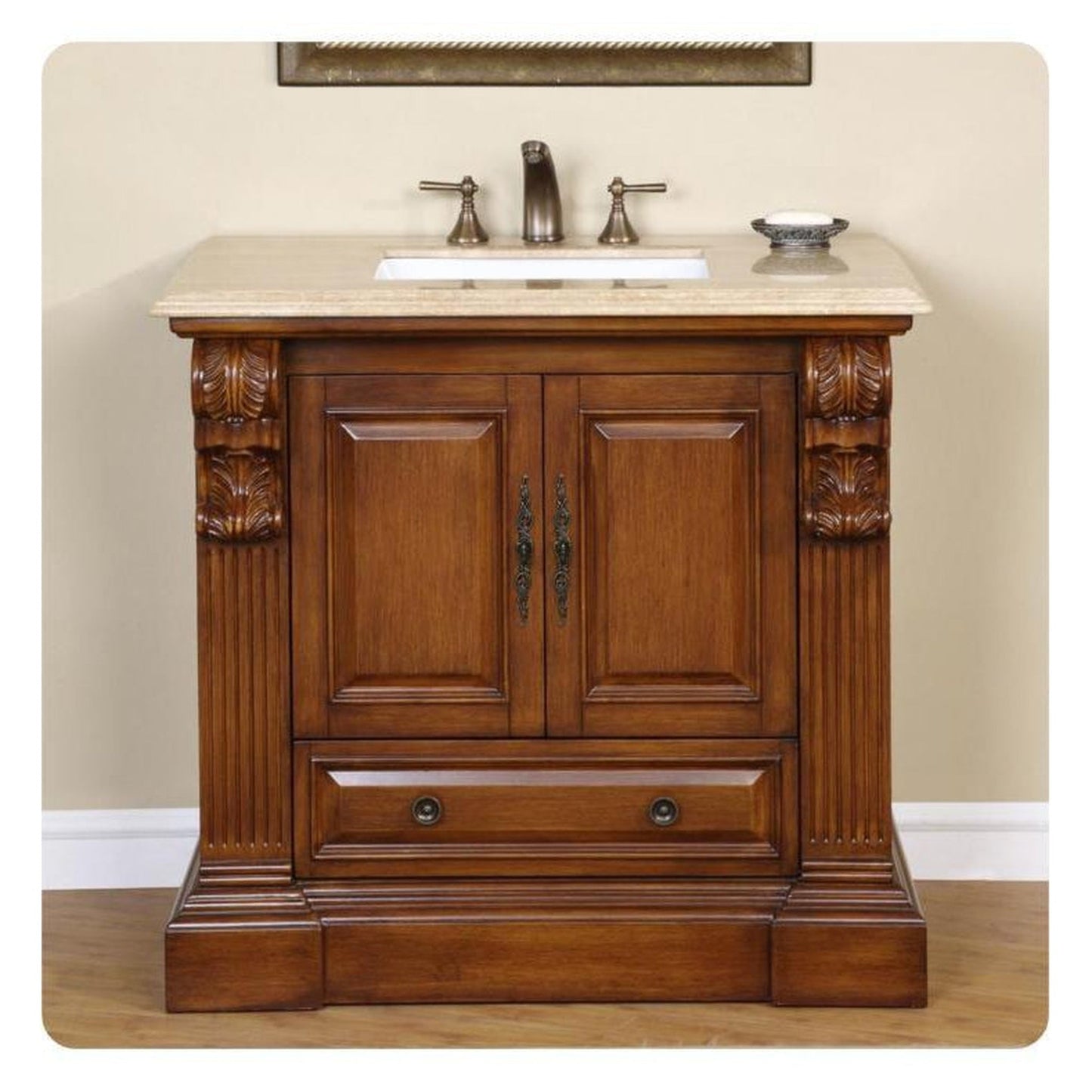 Silkroad Exclusive 39" Single Sink Cherry Bathroom Vanity With Travertine Countertop and White Ceramic Undermount Sink - HYP-0907-T-UWC-38