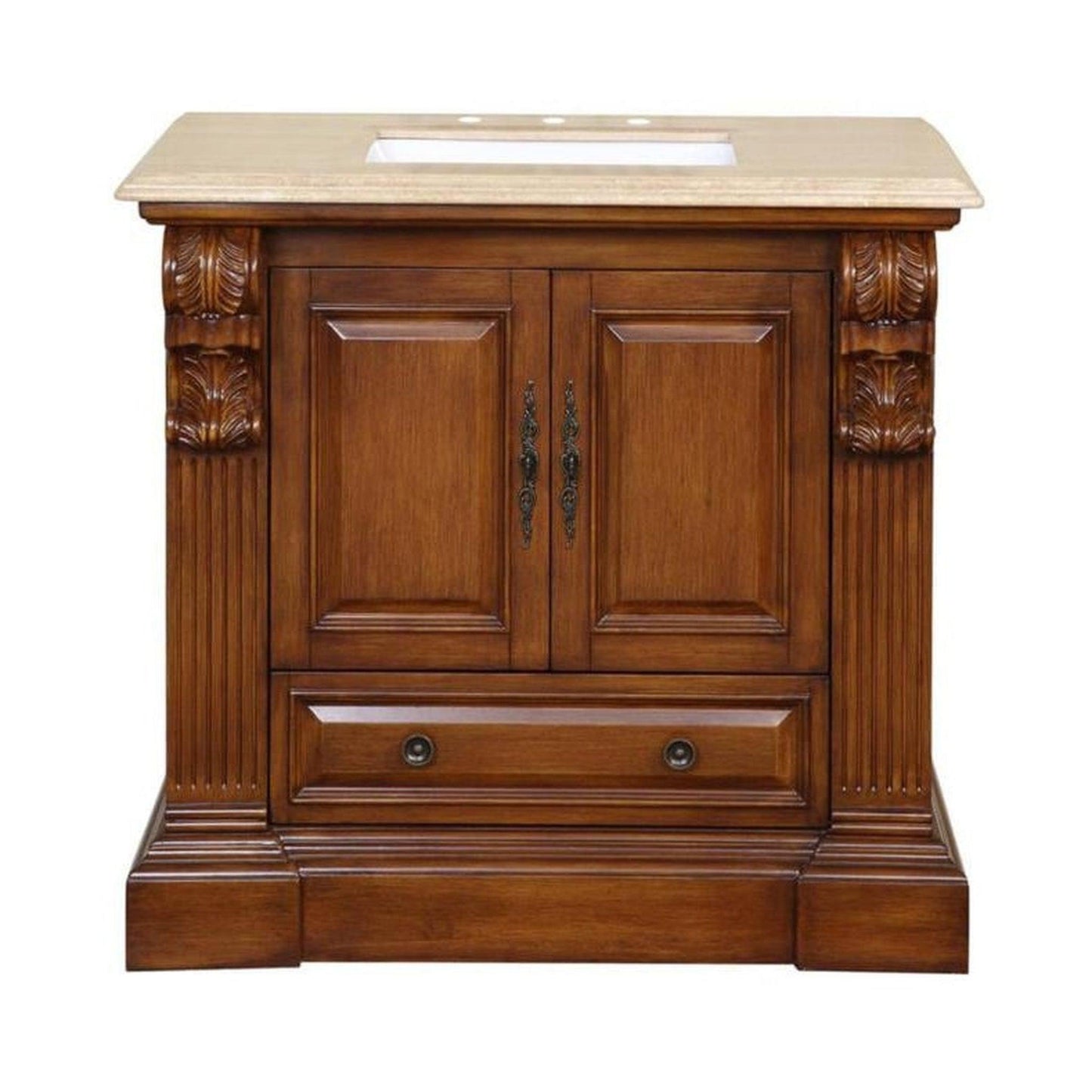 Silkroad Exclusive 39" Single Sink Cherry Bathroom Vanity With Travertine Countertop and White Ceramic Undermount Sink - HYP-0907-T-UWC-38