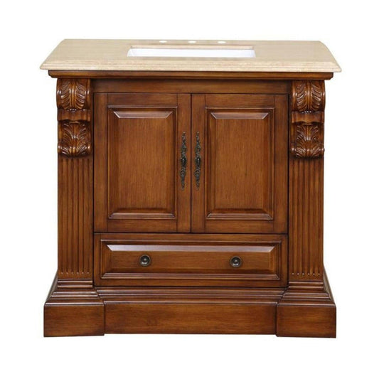 Silkroad Exclusive 39" Single Sink Cherry Bathroom Vanity With Travertine Countertop and White Ceramic Undermount Sink - HYP-0907-T-UWC-38