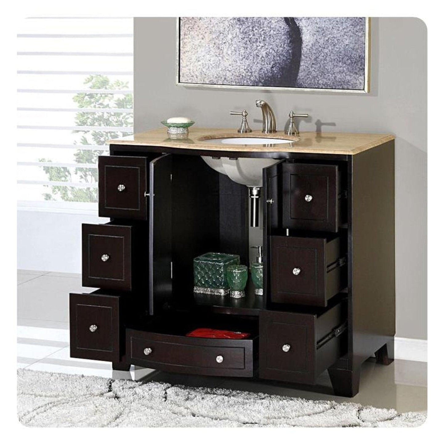 Silkroad Exclusive 40" Single Sink Dark Espresso Bathroom Vanity With Travertine Countertop and White Ceramic Undermount Sink - HYP-0703-T-UWC-40