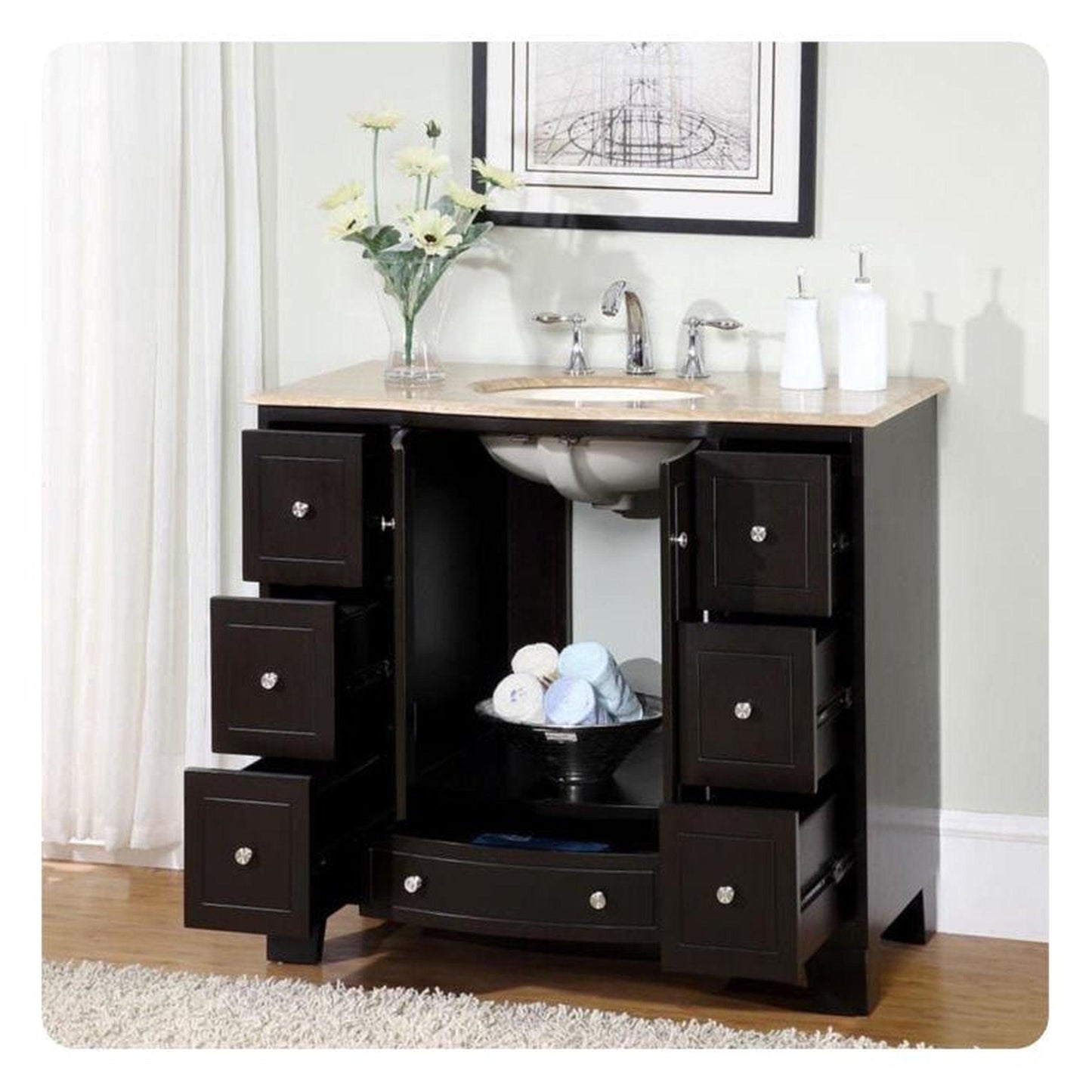 Silkroad Exclusive 40" Single Sink Dark Espresso Bathroom Vanity With Travertine Countertop and White Ceramic Undermount Sink - HYP-0703-T-UWC-40