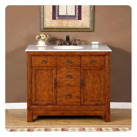 Silkroad Exclusive 42" Single Sink Cherry Bathroom Vanity With Crema Marfil Marble Countertop and White Ceramic Undermount Sink - HYP-0911-CM-UWC-42