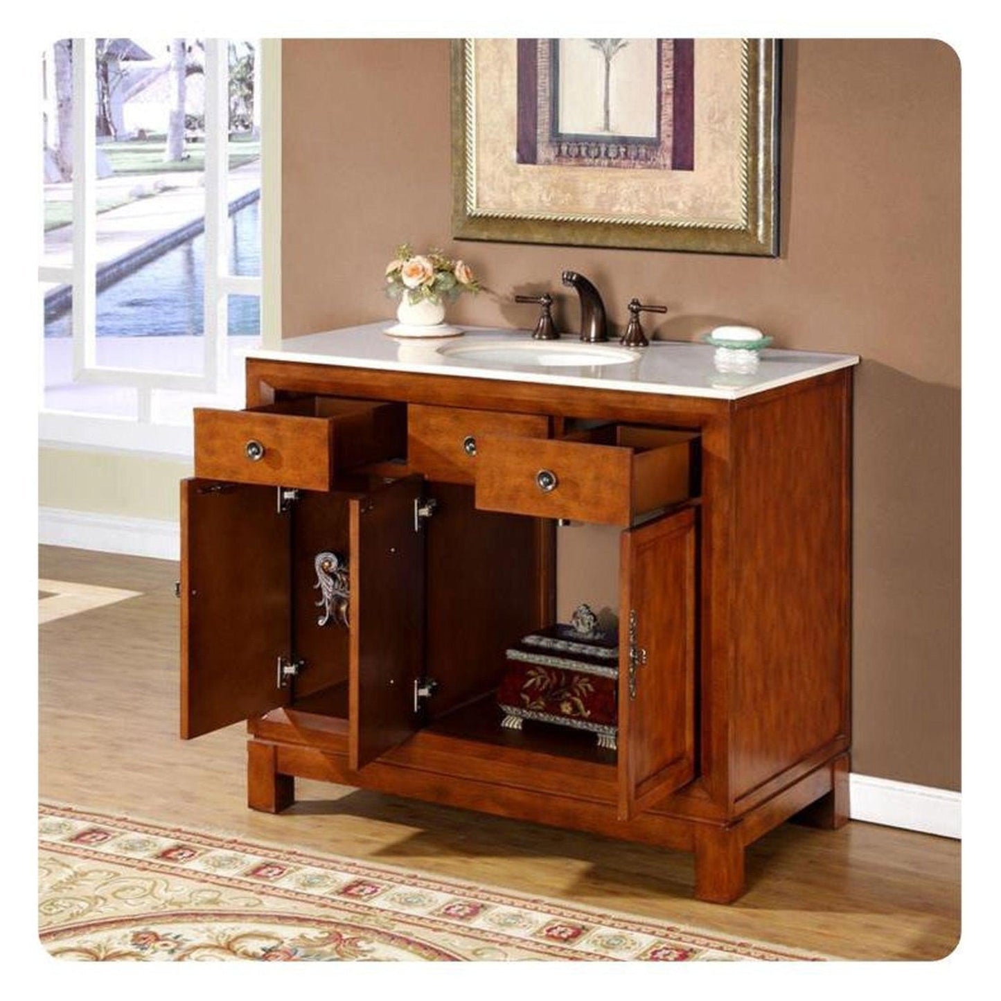 Silkroad Exclusive 42" Single Sink Cherry Bathroom Vanity With Crema Marfil Marble Countertop and White Ceramic Undermount Sink - HYP-0911-CM-UWC-42
