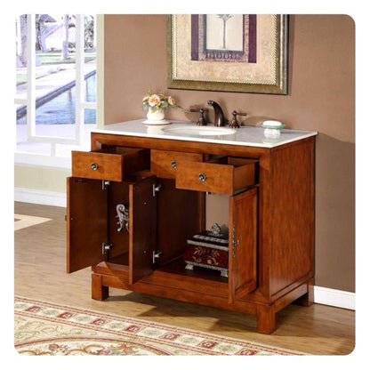 Silkroad Exclusive 42" Single Sink Cherry Bathroom Vanity With Crema Marfil Marble Countertop and White Ceramic Undermount Sink - HYP-0911-CM-UWC-42