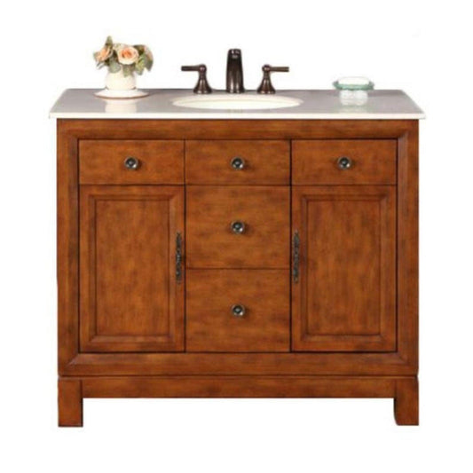 Silkroad Exclusive 42" Single Sink Cherry Bathroom Vanity With Crema Marfil Marble Countertop and White Ceramic Undermount Sink - HYP-0911-CM-UWC-42