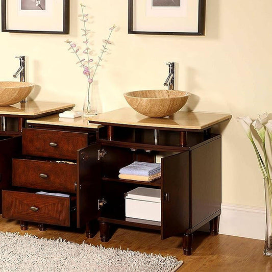 Silkroad Exclusive 47" Single Sink Dark Chestnut Bathroom Vanity With Travertine Countertop and Travertine Round Vessel Sink - HYP-0808N-T-47_S29B