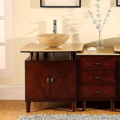 Silkroad Exclusive 47" Single Sink Dark Chestnut Bathroom Vanity With Travertine Countertop and Travertine Round Vessel Sink - HYP-0808N-T-47_S29B