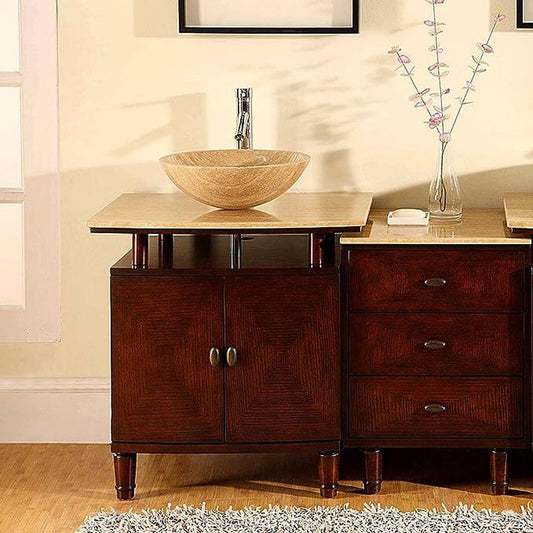 Silkroad Exclusive 47" Single Sink Dark Chestnut Bathroom Vanity With Travertine Countertop and Travertine Round Vessel Sink - HYP-0808N-T-47_S29B