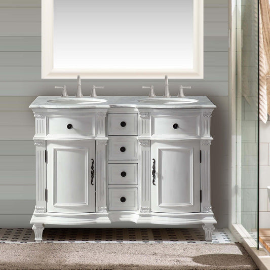 Silkroad Exclusive 48" Double Sink Antique White Bathroom Vanity With Carrara White Marble Countertop and White Ceramic Undermount Sink - V0722WW48D