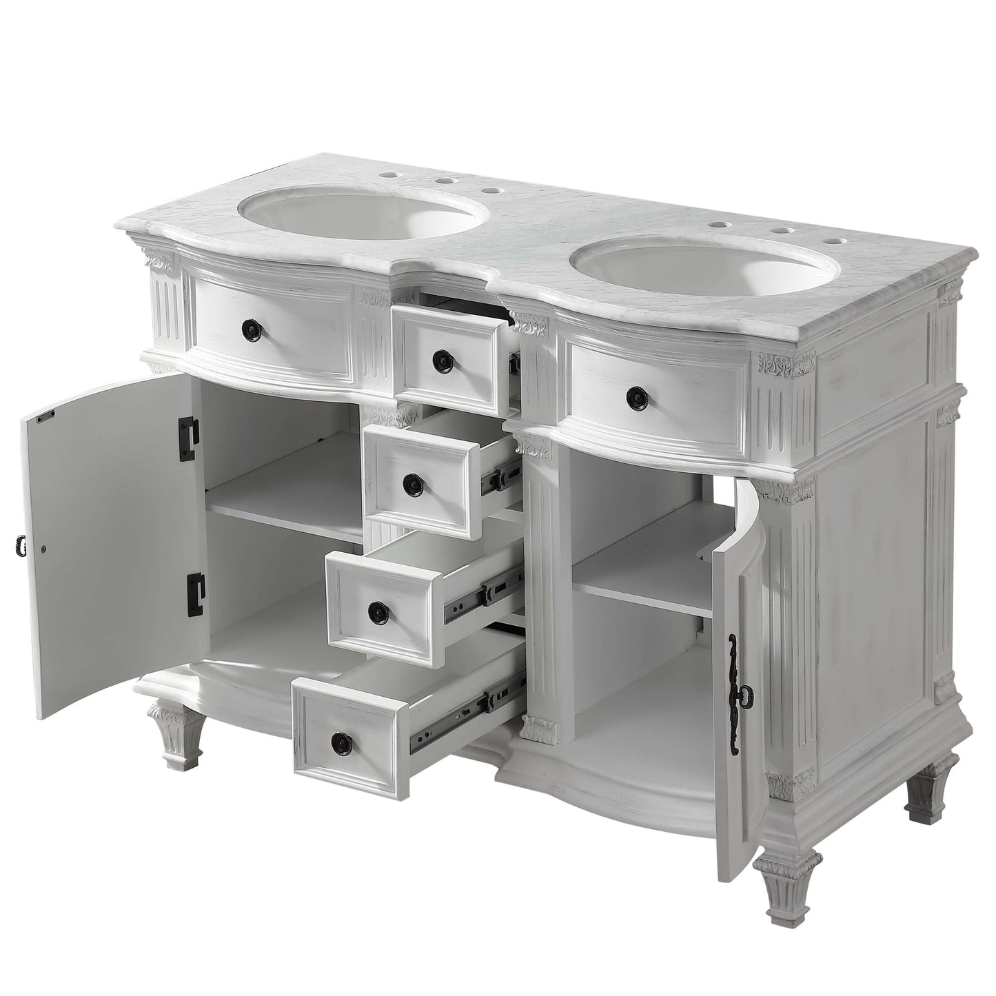 Silkroad Exclusive 48" Double Sink Antique White Bathroom Vanity With Carrara White Marble Countertop and White Ceramic Undermount Sink - V0722WW48D