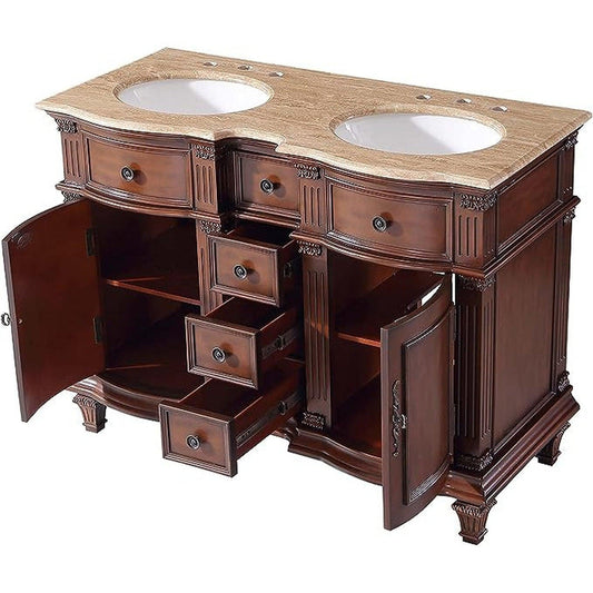 Silkroad Exclusive 48" Double Sink Brazilian Rosewood Bathroom Vanity With Travertine Countertop and White Ceramic Undermount Sink - HYP-0722-T-UWC-48
