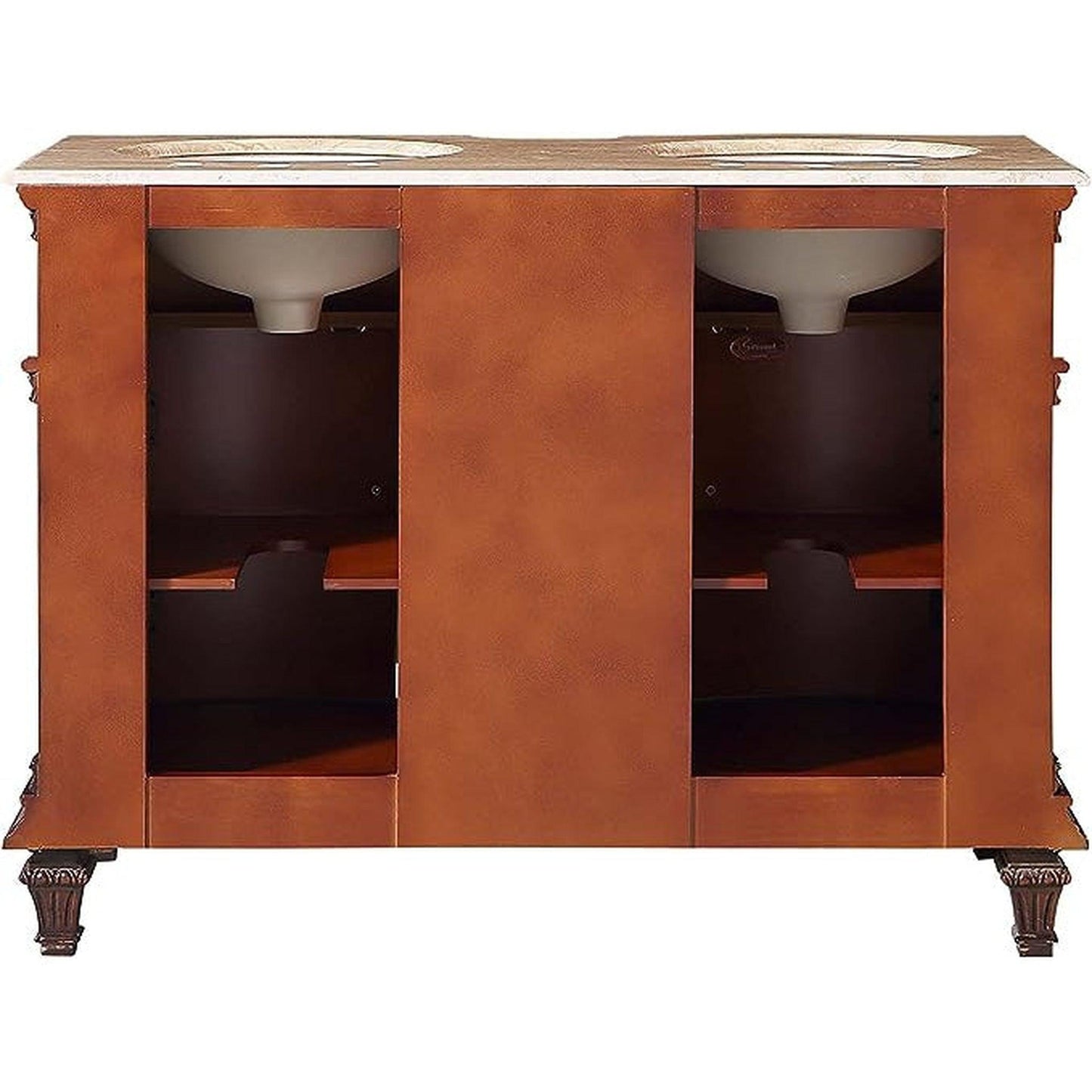 Silkroad Exclusive 48" Double Sink Brazilian Rosewood Bathroom Vanity With Travertine Countertop and White Ceramic Undermount Sink - HYP-0722-T-UWC-48