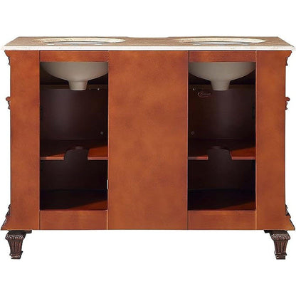 Silkroad Exclusive 48" Double Sink Brazilian Rosewood Bathroom Vanity With Travertine Countertop and White Ceramic Undermount Sink - HYP-0722-T-UWC-48