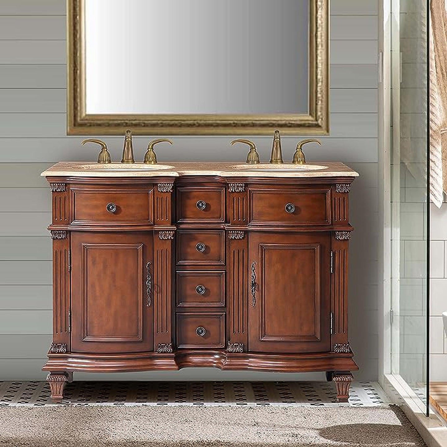Silkroad Exclusive 48" Double Sink Brazilian Rosewood Bathroom Vanity With Travertine Countertop and White Ceramic Undermount Sink - HYP-0722-T-UWC-48