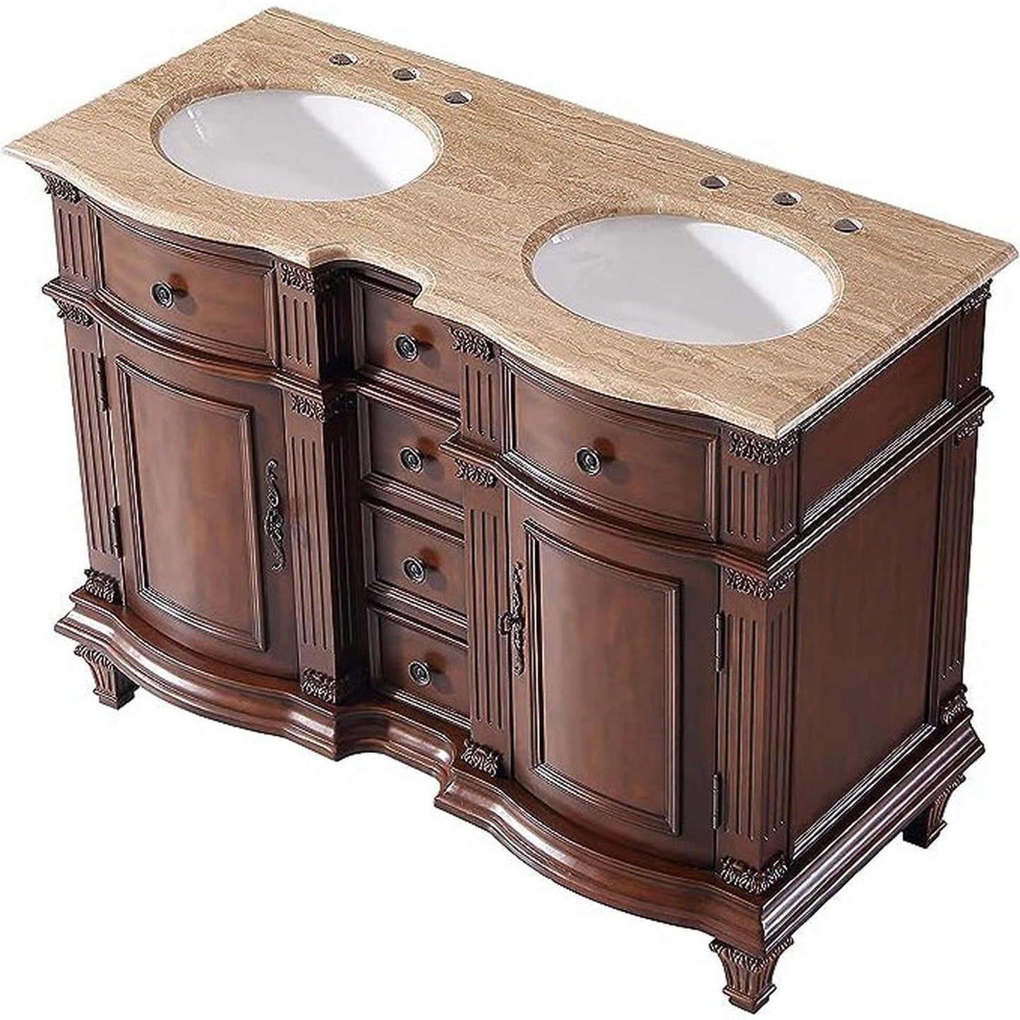 Silkroad Exclusive 48" Double Sink Brazilian Rosewood Bathroom Vanity With Travertine Countertop and White Ceramic Undermount Sink - HYP-0722-T-UWC-48