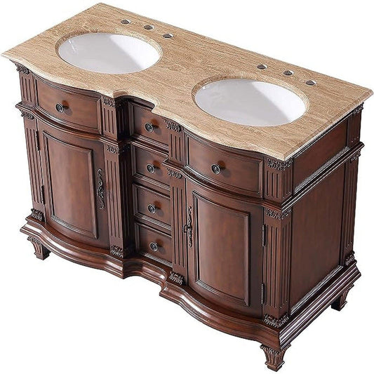 Silkroad Exclusive 48" Double Sink Brazilian Rosewood Bathroom Vanity With Travertine Countertop and White Ceramic Undermount Sink - HYP-0722-T-UWC-48