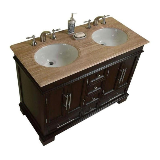 Silkroad Exclusive 48" Double Sink Dark Walnut Bathroom Vanity With Travertine Countertop and White Ceramic Undermount Sink - HYP-0224-T-UWC-48