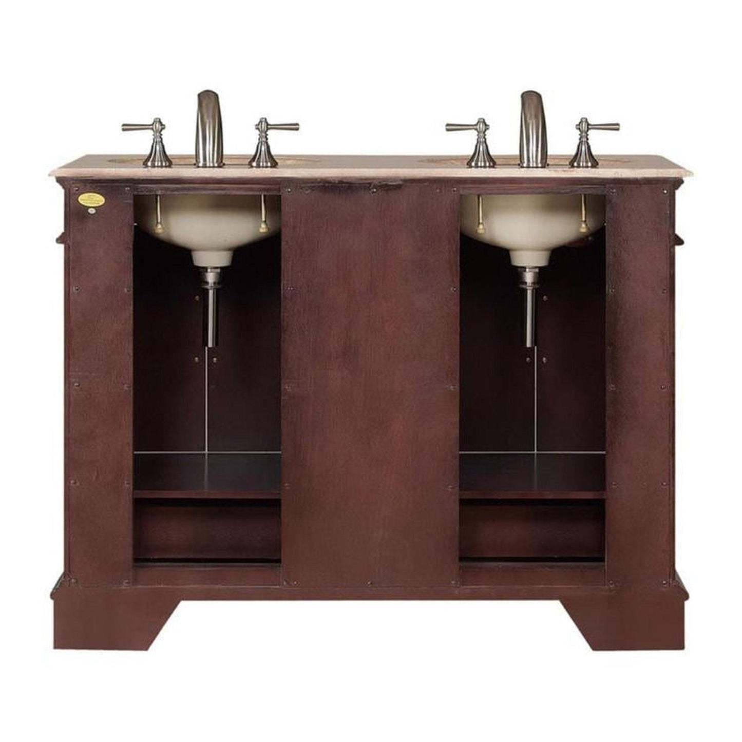 Silkroad Exclusive 48" Double Sink Dark Walnut Bathroom Vanity With Travertine Countertop and White Ceramic Undermount Sink - HYP-0224-T-UWC-48