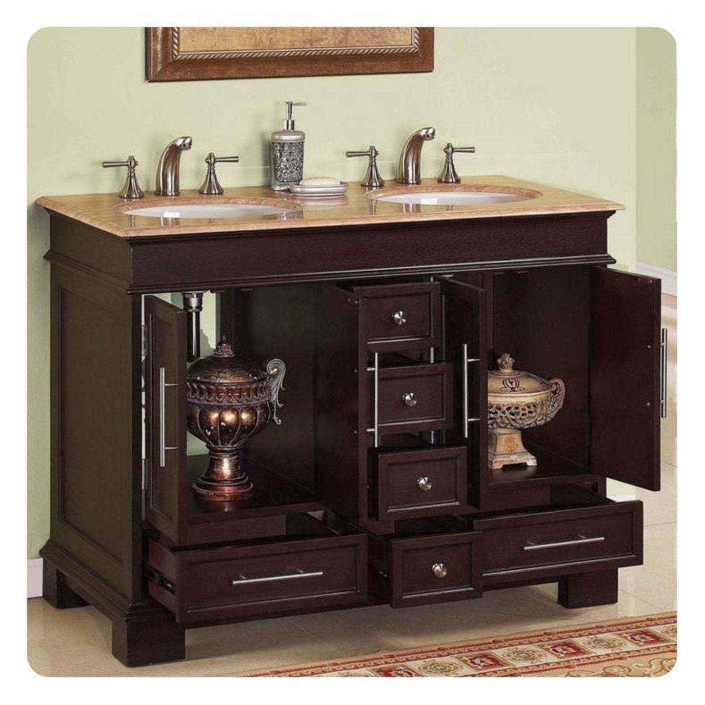 Silkroad Exclusive 48" Double Sink Dark Walnut Bathroom Vanity With Travertine Countertop and White Ceramic Undermount Sink - HYP-0224-T-UWC-48